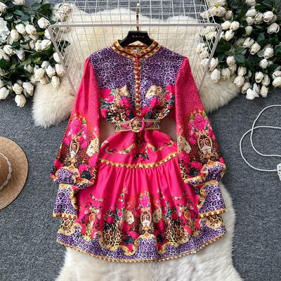 Spring Autumn Women Vintage Designer Print Runway Dress Lantern Sleeve Stand Collar Party Dresses With Belt