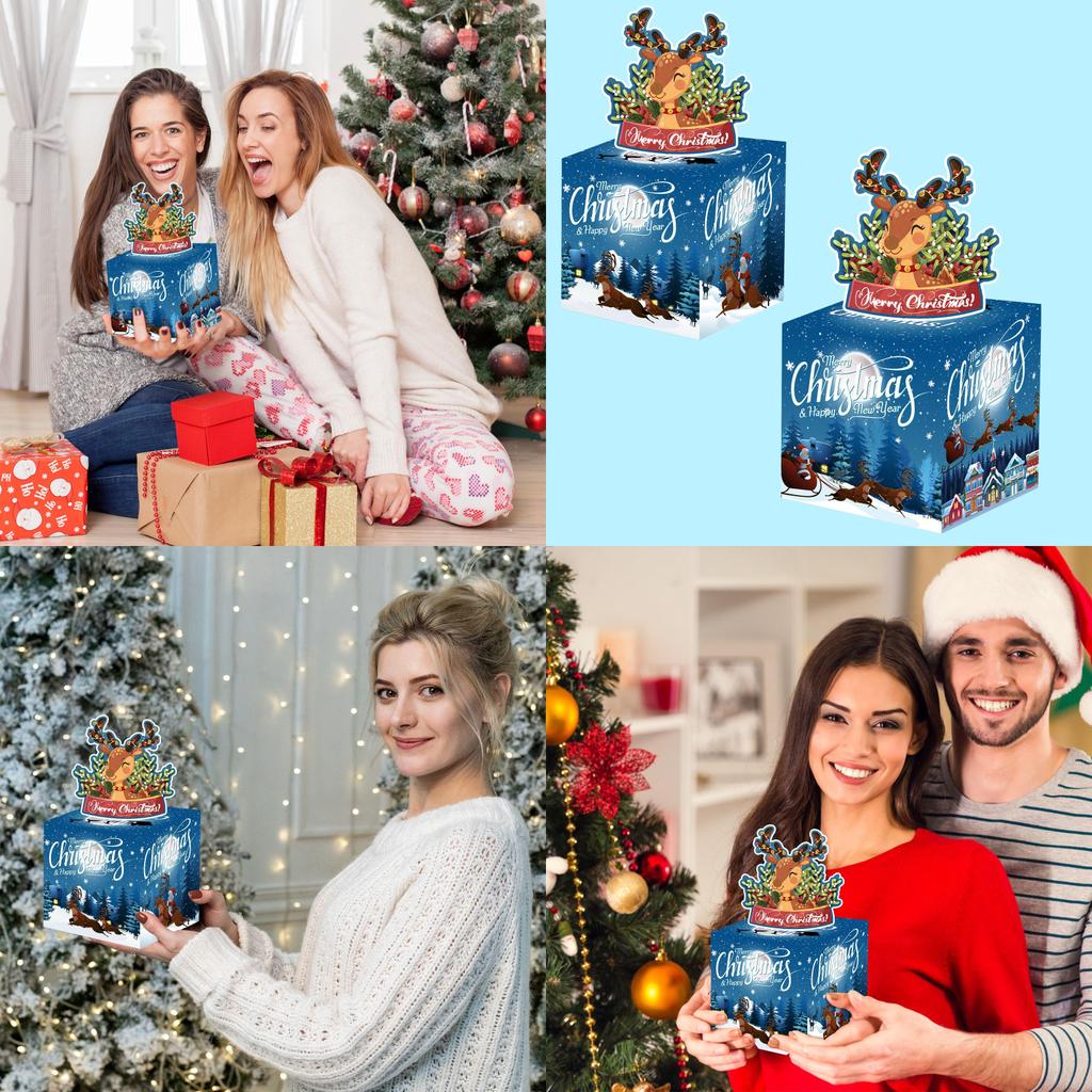 Christmas Theme Gift Box With Deep Blue Reindeer Design For Holiday Party Decor