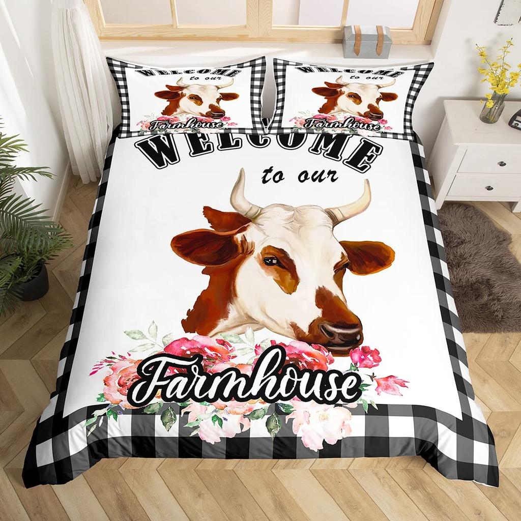 Kuh Bettbezug Set Twin King Size Bauernhoftier Bettwäsche Set Grüner Rankenblätter Druck Bettdeckenbezug Rustikale Holzbrett Steppdecke