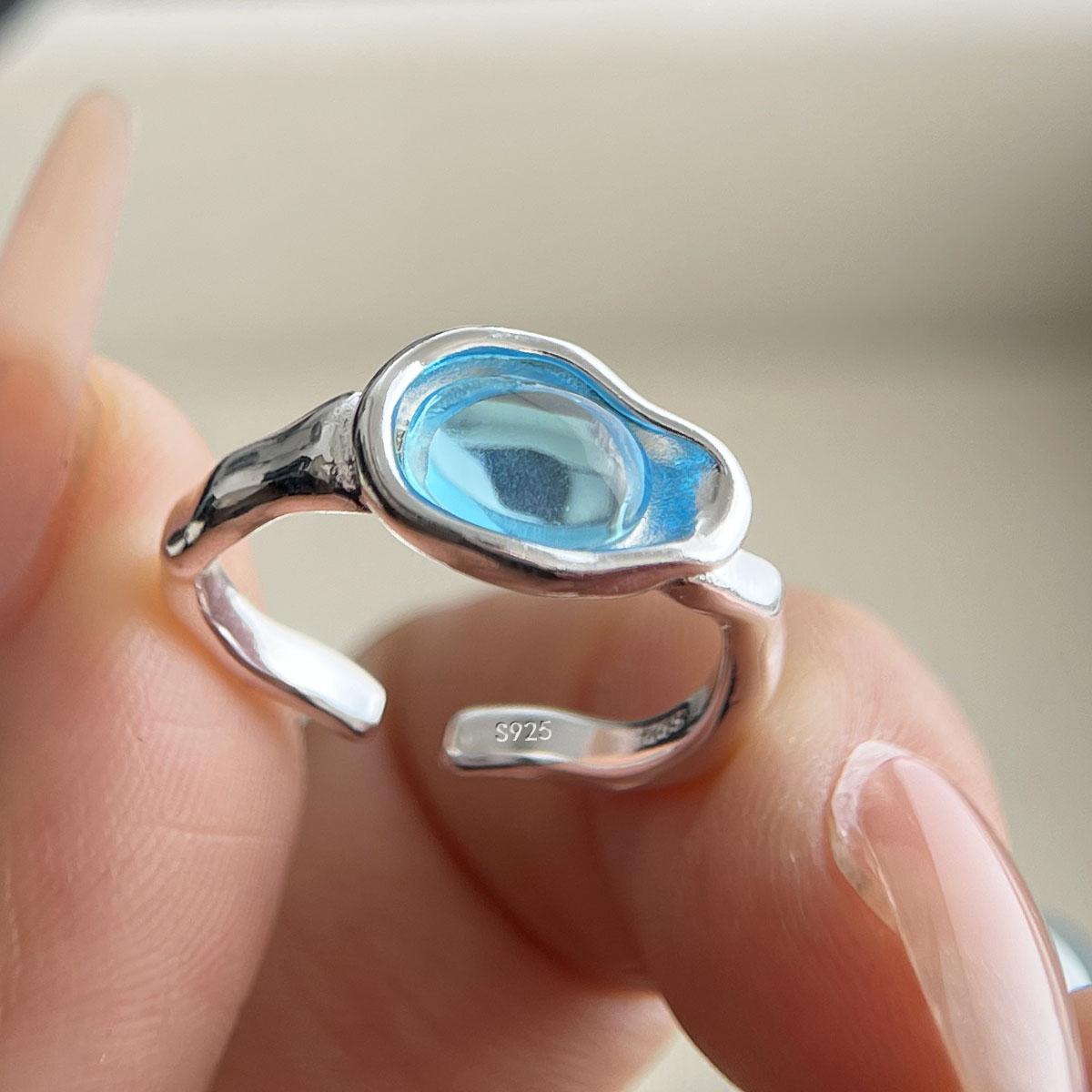 

925 Sterling Silver Rings for Women Couple Minimalist Vintage Blue Stone Ring Fine CZ Jewelry Birthday Gift Prevent Allergy resizable