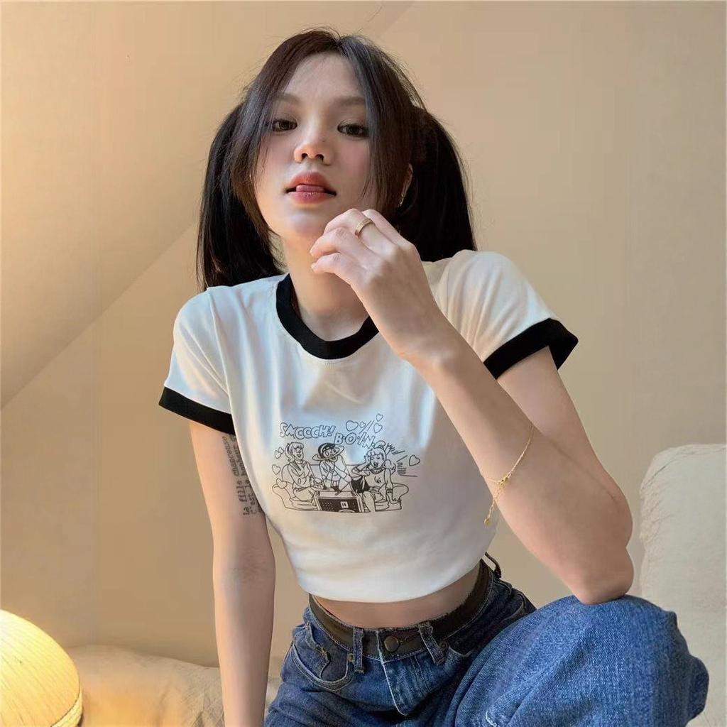 Summer new Korean version slim and thin printing short navel with short-sleeved top T-shirt women's ins tide