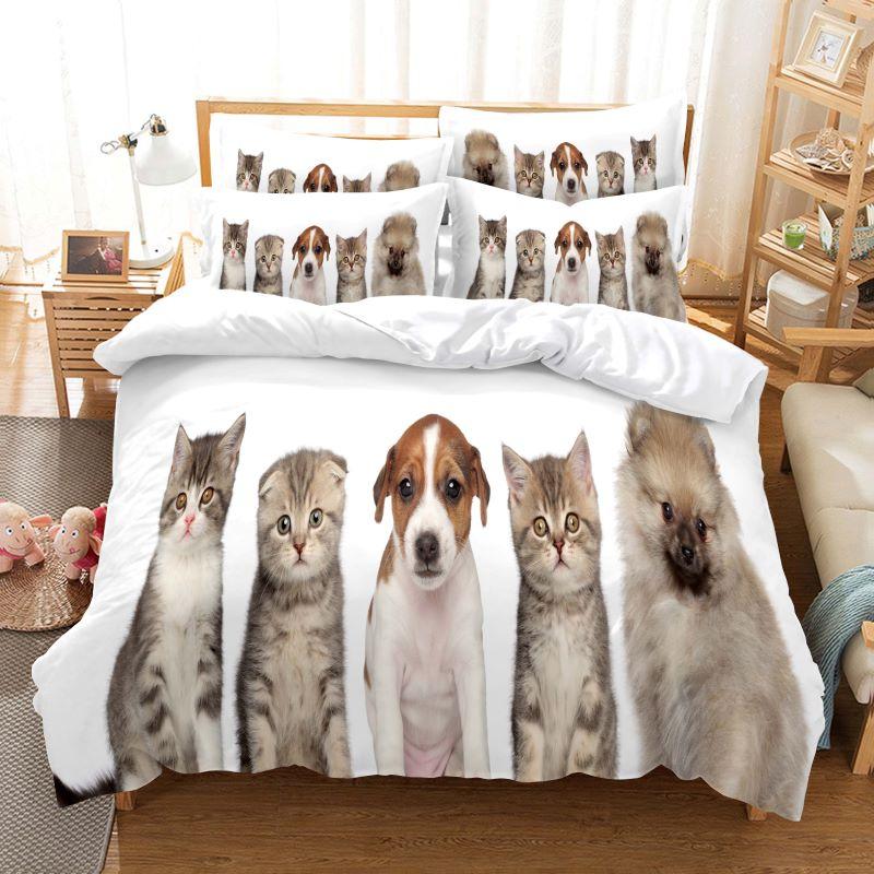 Cat and Dog Duvet Cover Set 3d Printing Cute Animal Theme Comforter Cover King Queen Size for Kid Boy Girl Polyester Bedding Set