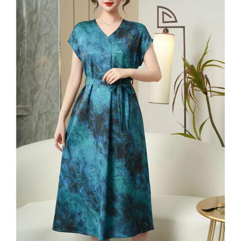 

2026 Versatile Slimming V-Neck Summer Dress with Trendy Print XL (90-115 jin) peacock синього кольору