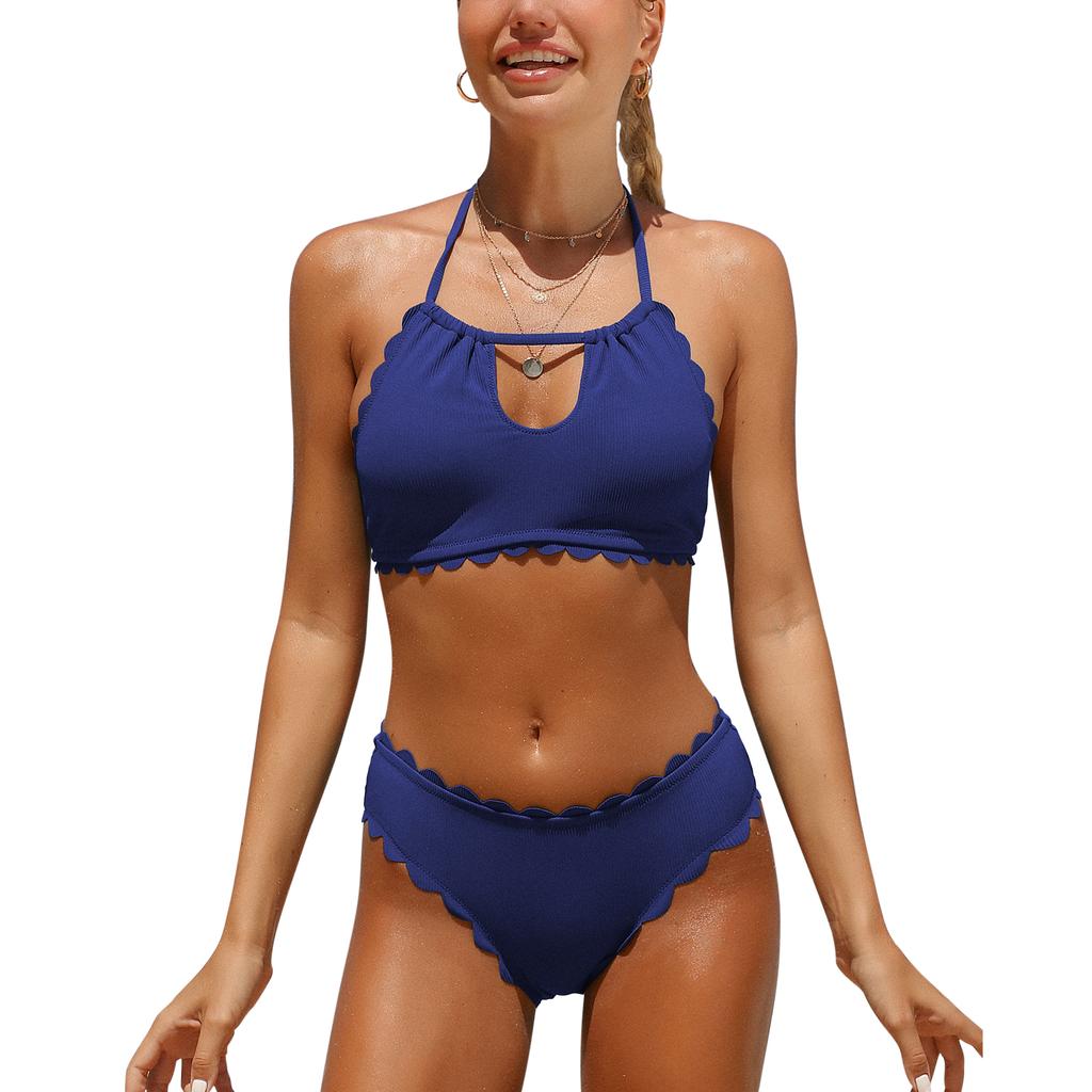 CHARMLEAKS Women's Two Piece Bikini Set Halter Neck Padded Wavy Edge Hollow Out Swimsuit Solid Swimmingwear