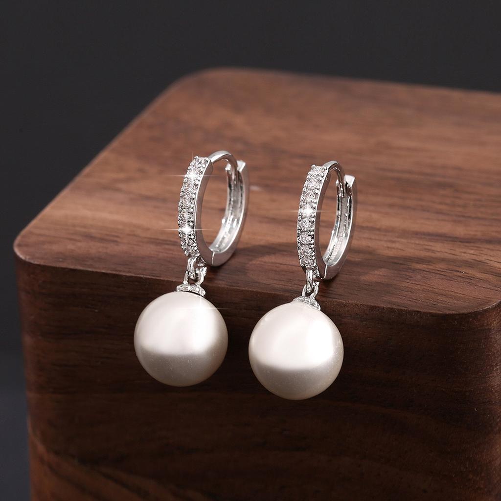 European and American Style Luxury Copper Inlaid Zirconium Pearl Pendant Earrings Retro Elegant Women's Earrings
