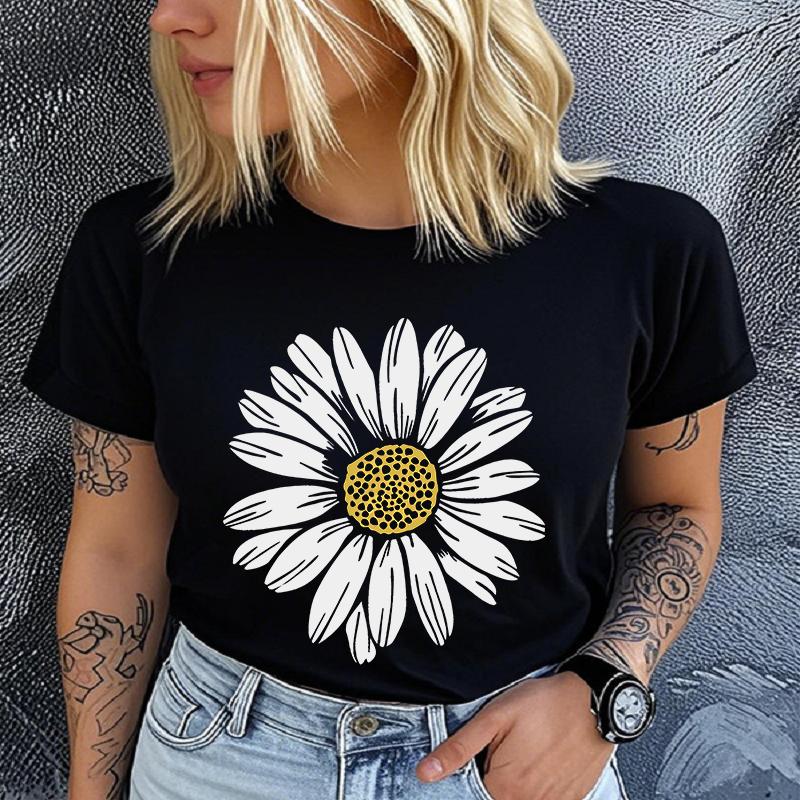 Womens Cotton Daisy Print Base Tshirt Loose round Neck Casual Short Sleeve Fashion Top Wholesale Clothing Summer