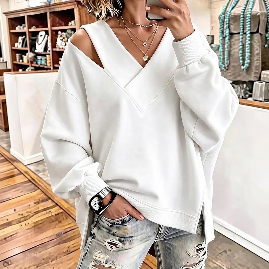 Women's V-Neck Long Sleeve Sweatshirt Color Casual Pullover Top