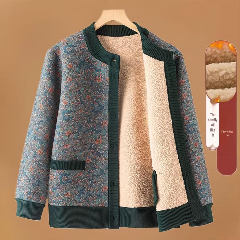 Fleece-Lined Printed Cardigan: Warm Autumn/Winter Style for Middle-Aged & Elderly Women