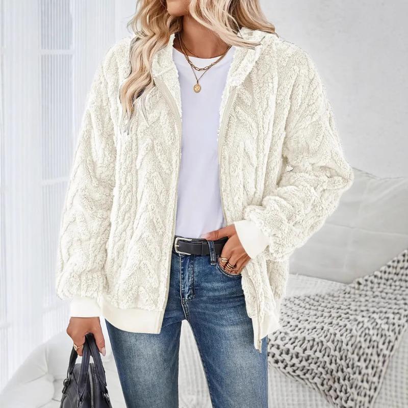 New Autumn Winter Plush Women's Solid Color Zipper Hooded Long-sleeved Loose Jacquard Sweatshirt Jacket