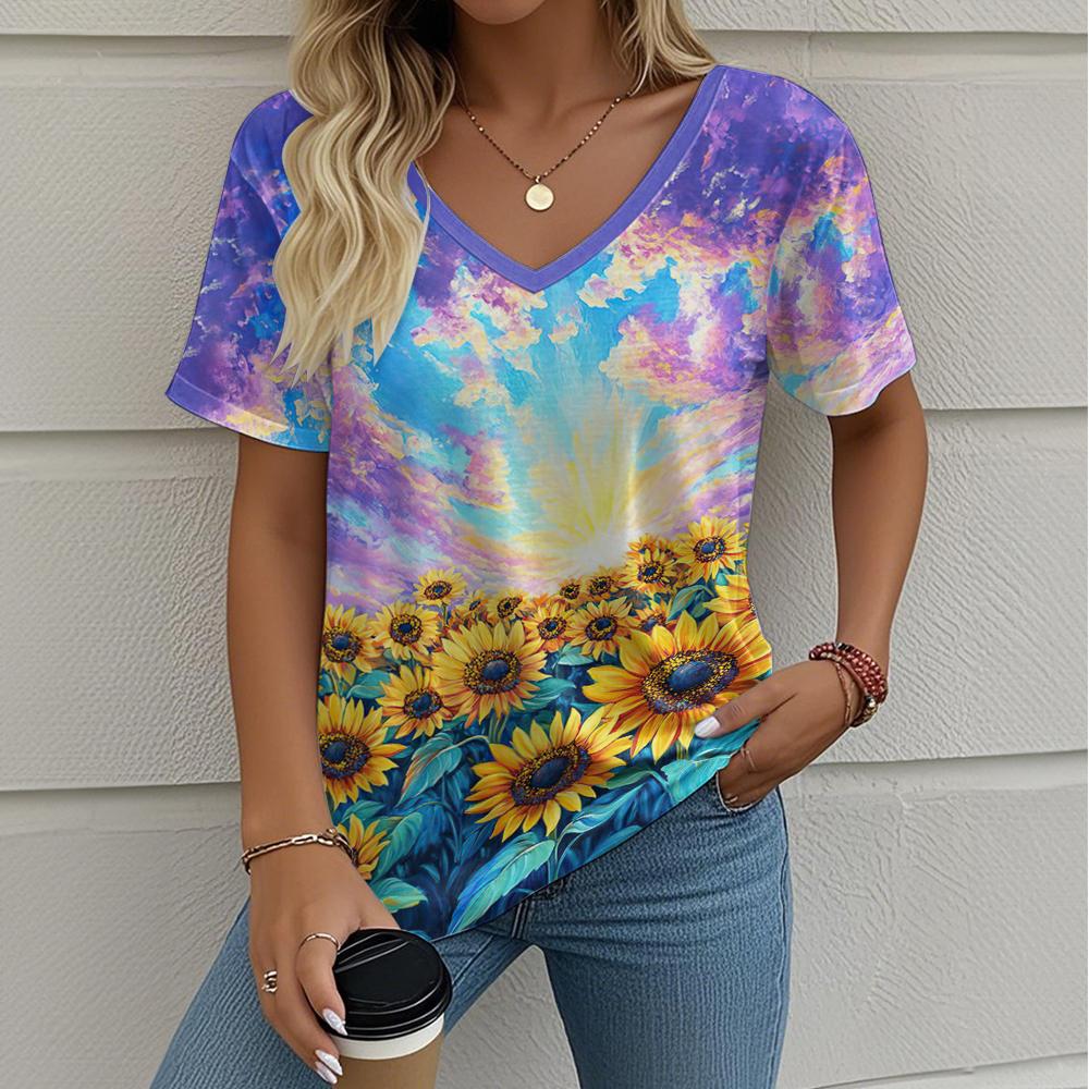 Letní gradientní 3D umělecký květinový potisk grafická halenka dámská s V-výstřihem módní retro oblečení volné oversized tričko