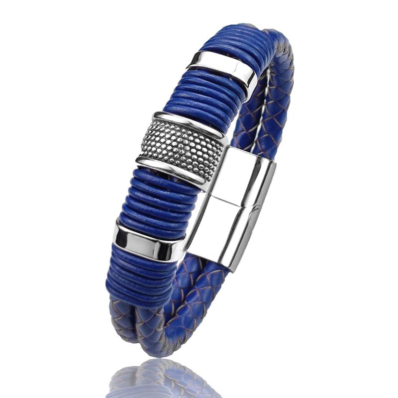 

Boho Wrap Bracelet Fashion Men Blue Bracelet Double Braided Leather Stainless Steel Magnetic Clasp Bracelets Male Jewelry Gift 18.5cm