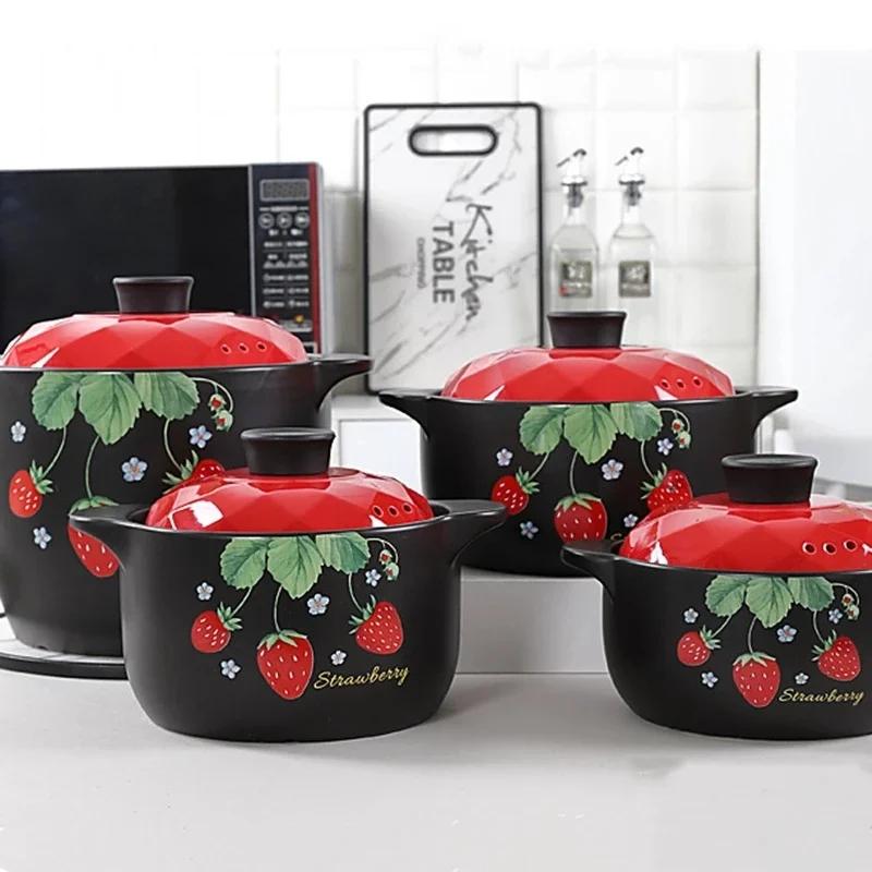 1Pcs Ceramic Casserole Cooking Soup Pot Red Strawberry Round Kitchenware Saucepan Gas Stove Cookware Household Kitchen Supplies