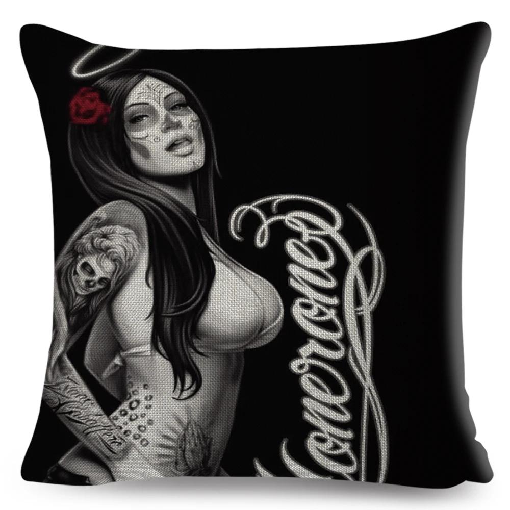 Mexico Chicano Sexy Women Skull Pillow Case Decor Cartoon Printed Girls Cushion Cover for Sofa Home Car Polyester 45*45cm