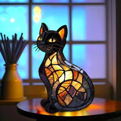 Cat Lamp Stained Resin Glass Night Light Soft Warm Glow 3D Animal-Themed LED Bedside Table Lamp Bedroom Decor