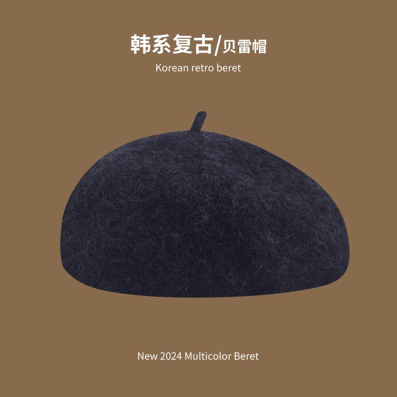 Beret Women's Pure Color Wool Heattechknitting Octagonal Hat Korean Styleretrowoolen Light Plate Painter Hat