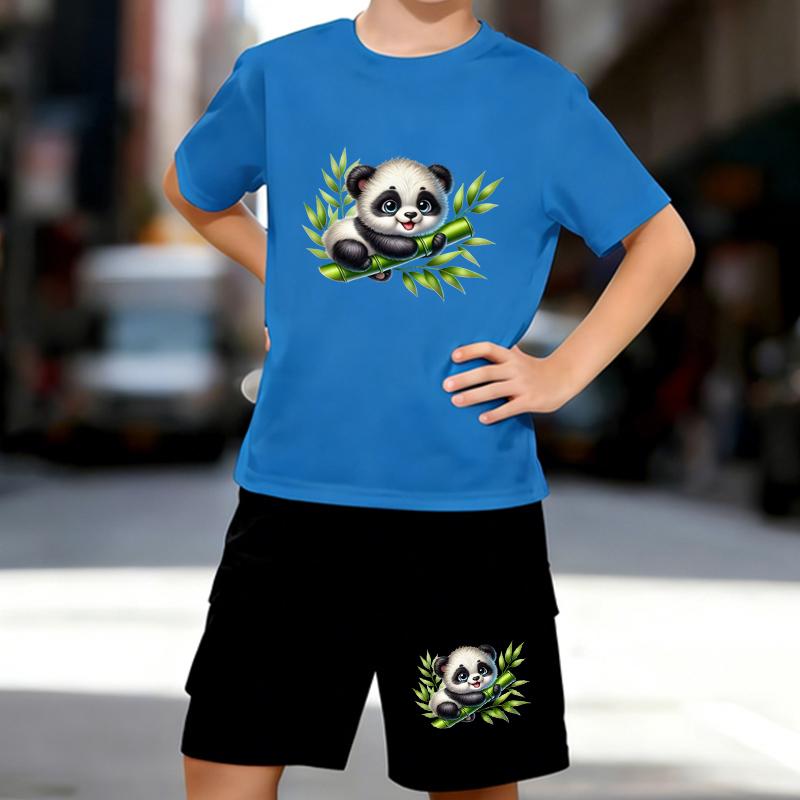 Boys 2 Piece Cute Cartoon Panda Printed Outfit, Short Sleeve T-Shirt and Shorts Set for Kids Age 5-14,Black Sporty Casual Summer Clothes