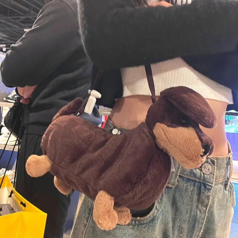 Women Cute Funny Plush Doll Dog Shoulder Bag Girl New Casual Crossbody Bag Furry Puppy Children's Bag