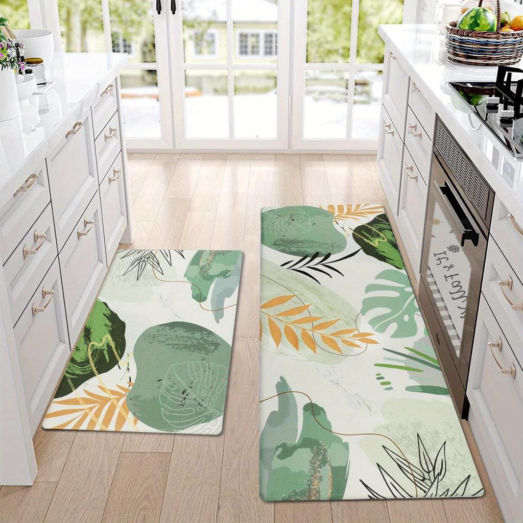 1Pcs Anti Fatigue Kitchen Rugs, Green Leaf Print Waterproof Non-Slip Thick Cushioned Kitchen Mat Heavy Duty Comfort Standing Mat for Kitchen