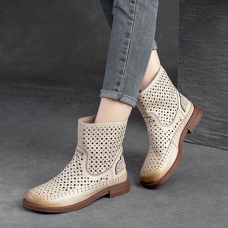GKTINOO 2025 Spring Summer 100% Genuine Leather Boots Breathable Hollow Boots Flat Soft Slip-On Comfortable Shoes Women