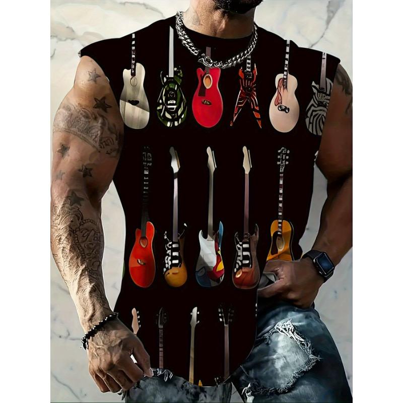 Men s 3D Guitar Pattern - Lightweight Sleeveless Summer Sports 4XL