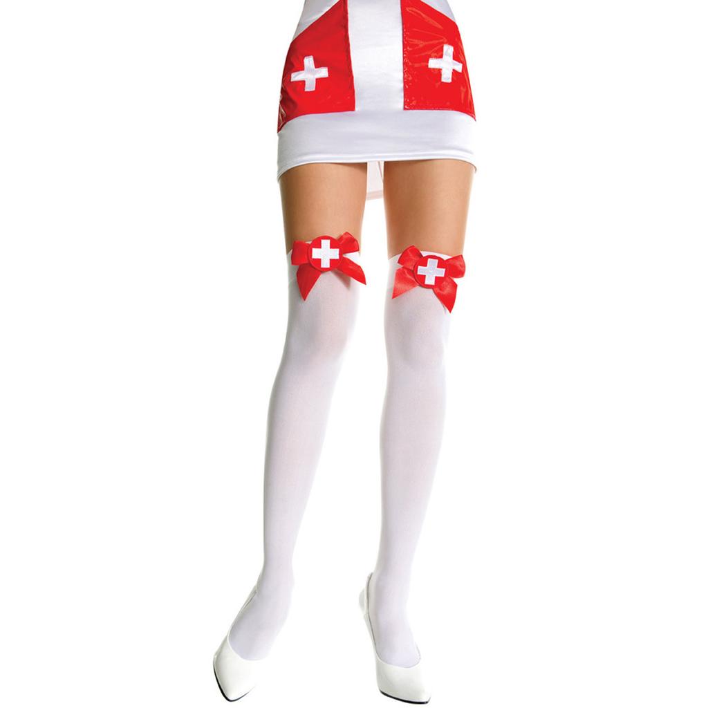 Nurse Outfit High Knee Stockings Red Bow Decorations Lolita Legging Cross Charming Silk Tights Hosiery Women Sexy Cosplay Party