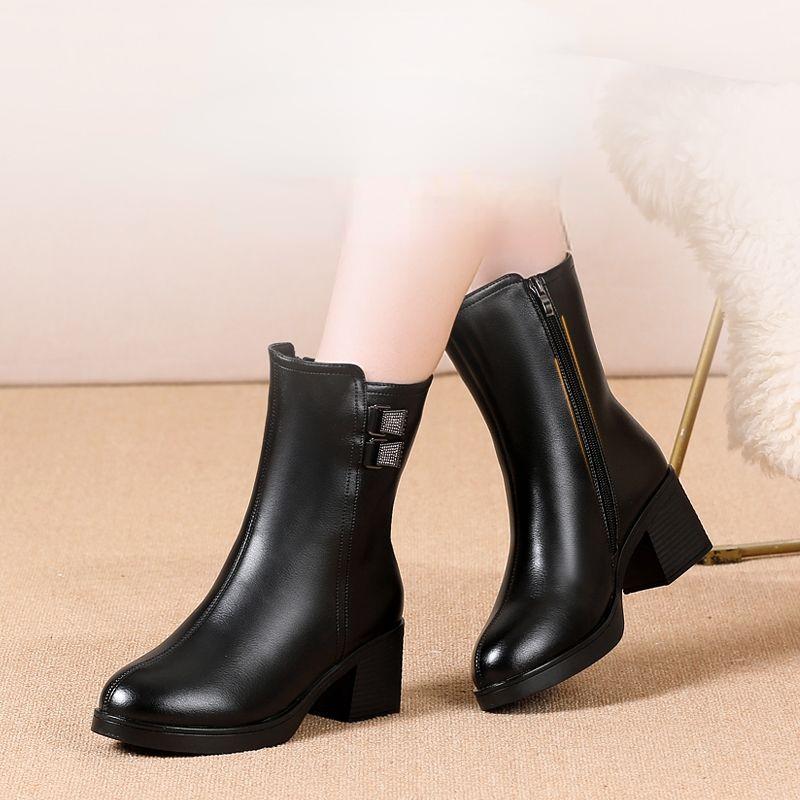 Bottes d'hiver en cuir pour femmes, chaussures compensées à l'intérieur, bottes de neige en peluche, bottes à tube grande taille, bottes pour femmes