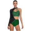 S-XXL Womens Gymnastics Leotard Bodysuit Rhinestone Color Blocking Asymmetrical Hollow Out Jumpsuit Figure Skating Tango Dancewear