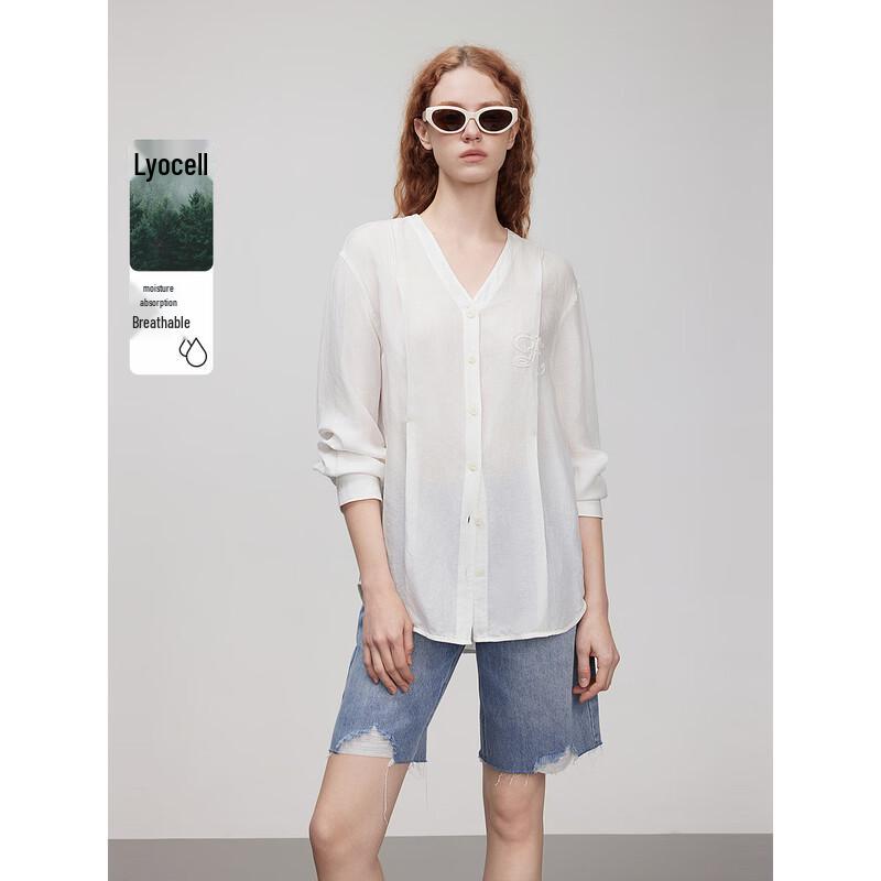 

ELLE Women s Embroidered Linen Blend Loose White Shirt L
