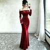 Autumn and winter new golden velvet one-word off-the-shoulder long-sleeved long-hip dress temperament women's skirt