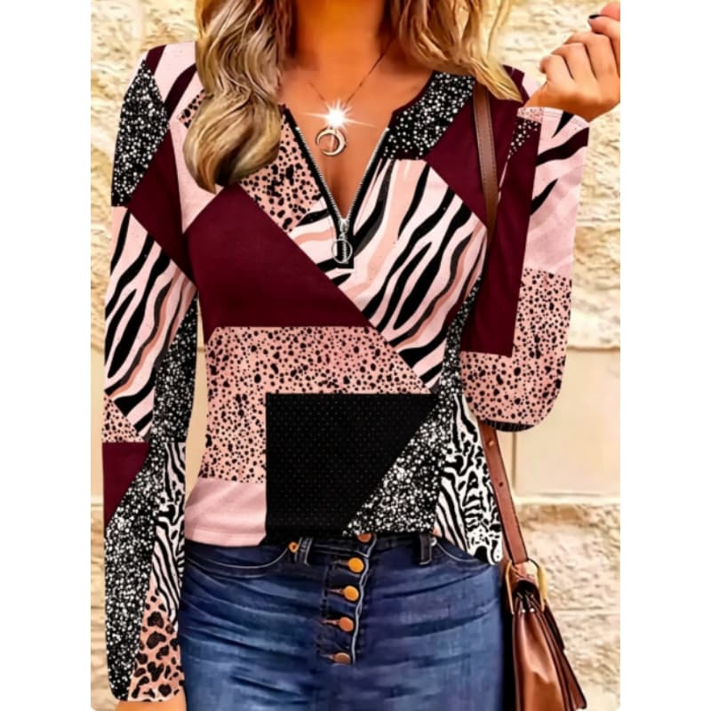 Women's creative printed zipper long-sleeved T-shirt, breathable, soft and comfortable, suitable for all-year-round casual wear
