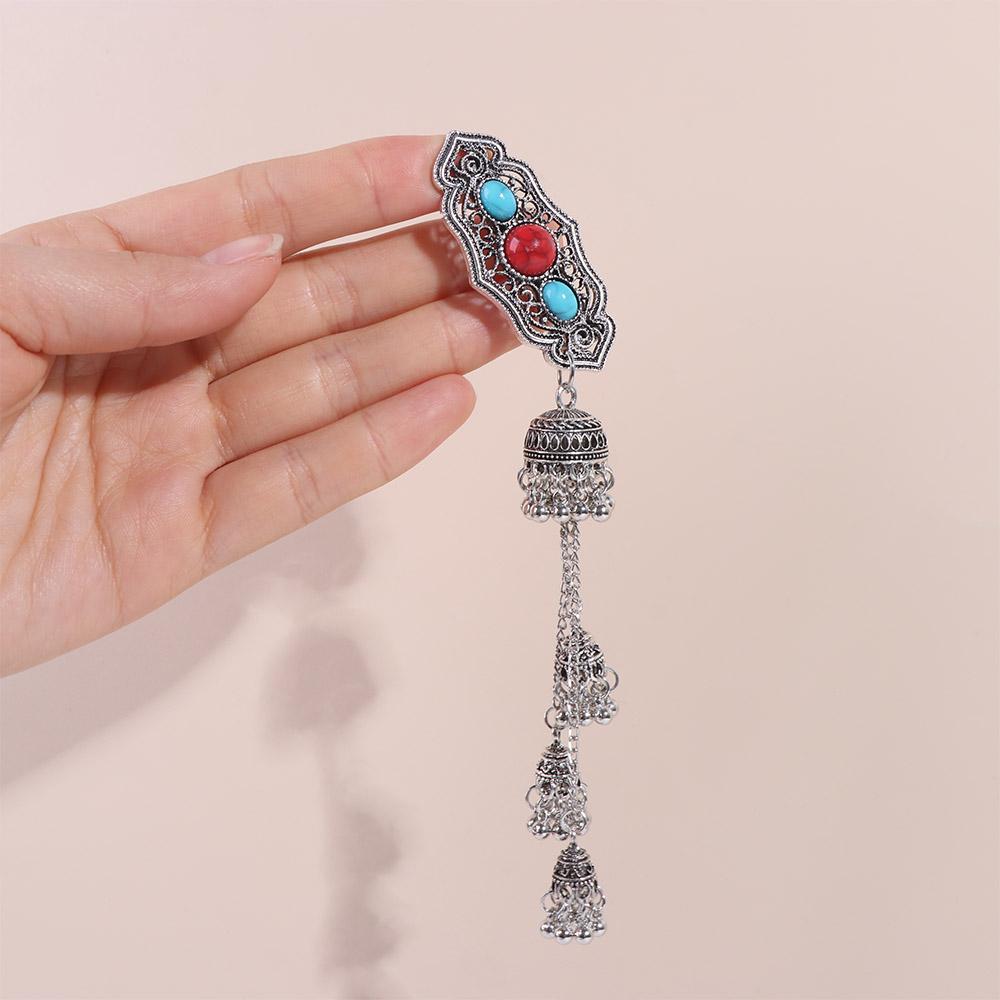 Vintage Turquoise Tassel Bell Hair Clip Elegant Crystal Ethnic Style Hairpin Side Clip Retro Chinese Style Hair Accessories