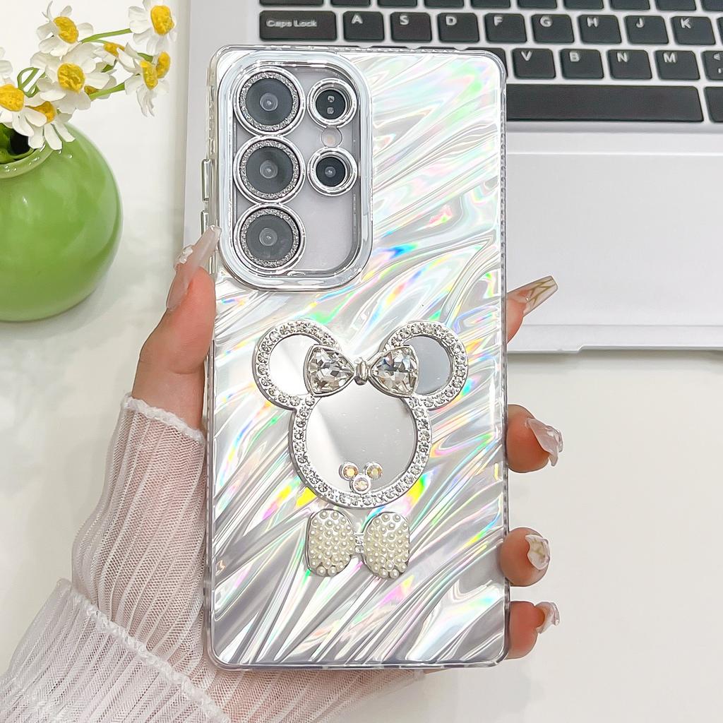 Advanced Wrinkles Suitable for Samsung S25ultra Bracelet Mobile Phone Case S24 Cartoon Mirror A56 Flash Powder Lens Film