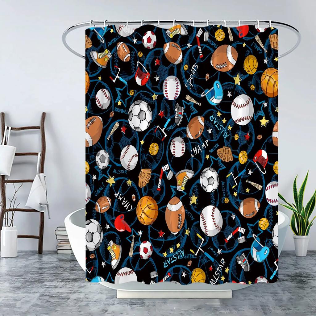 Abstract Football Pattern Shower Curtain Sport Theme Soccer Black and White Colors Waterproof Polyester Bath Curtain with Hooks