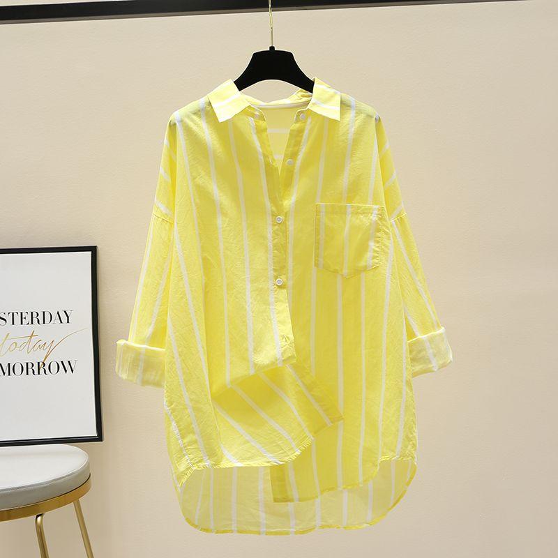 

Женская полосатая рубашка-кардиган из чистого хлопка с длинным рукавом, тонкая, в корейском стиле, модная, для весны и лета XXXL жёлтый