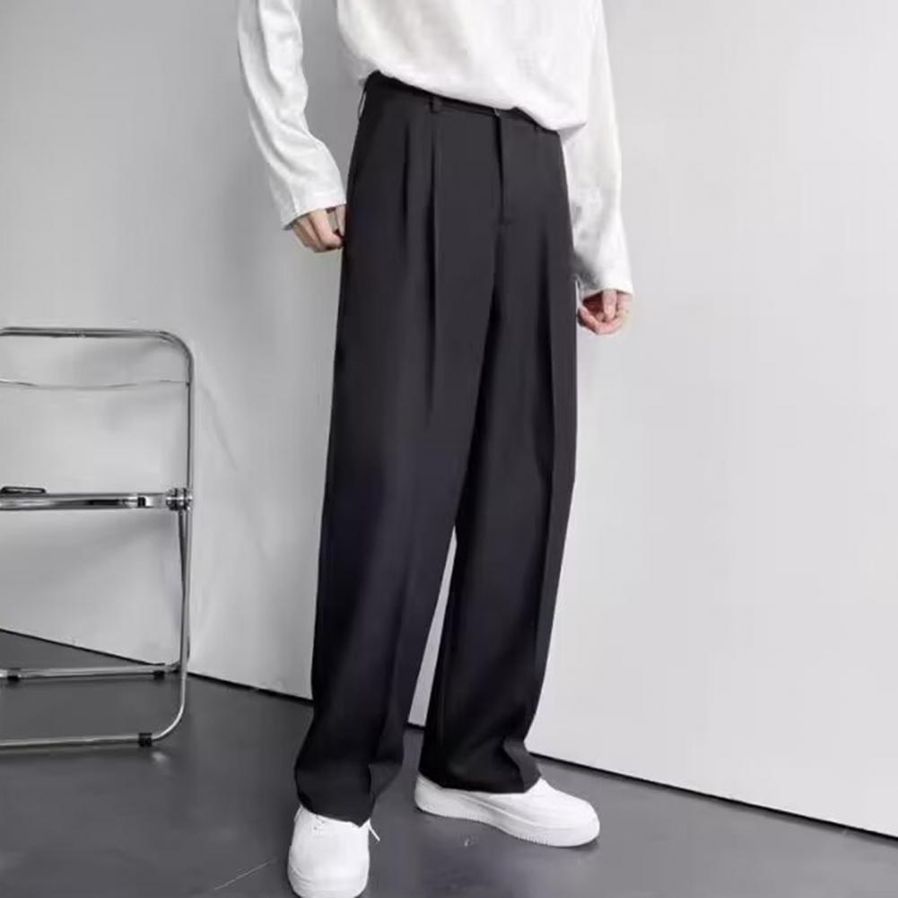 Men Suit Pants Wide Leg Comfortable Fit Straight-Leg Formal Business Style Side Pockets Button Zipper Closure Single Color Work Office Trou