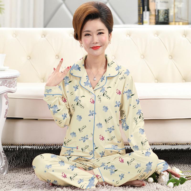 Frühlings- und Herbstpyjama Damen Imitationsbaumwolle langärmelig dünn hochwertig reiche Blume Mutter Loungewear-Set