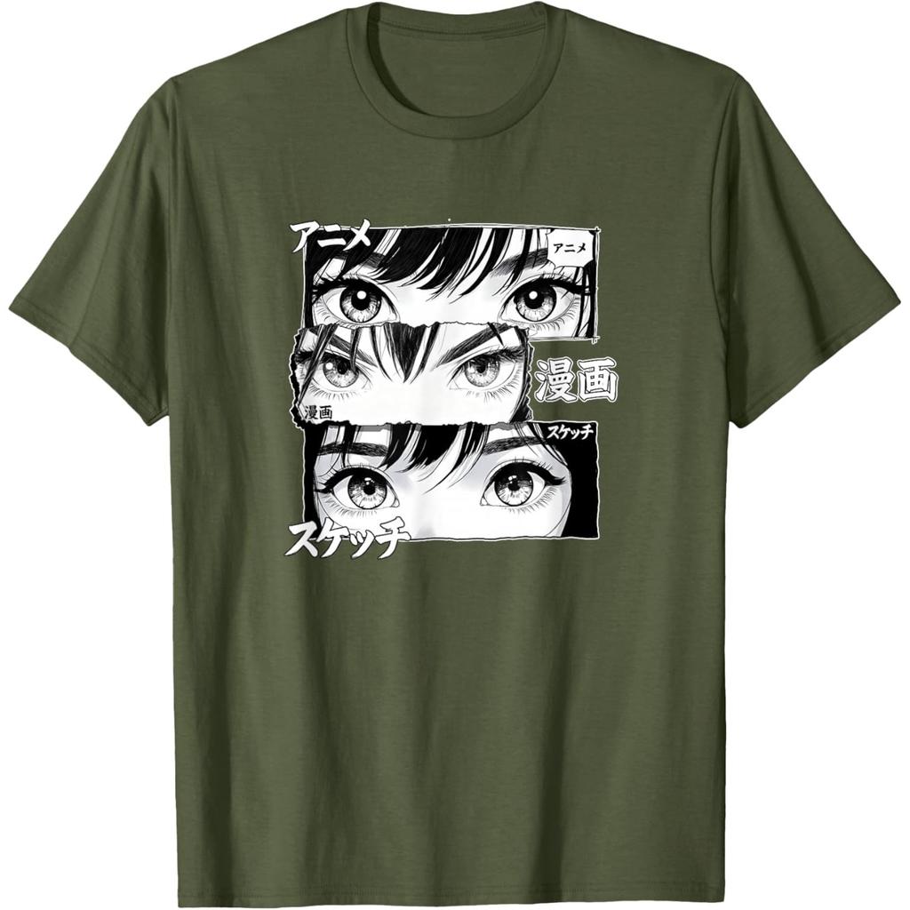 Manga Girl Eyes Panel Art Tshirt Graphic Tee Cool Japanese Text Print Casual Crew Neck Top