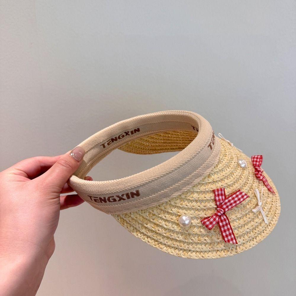 Bowknot Large Brim Sun Visor Cap Wide Brim Empty Top Baseball Cap Kids Summer Straw Hat  Beach