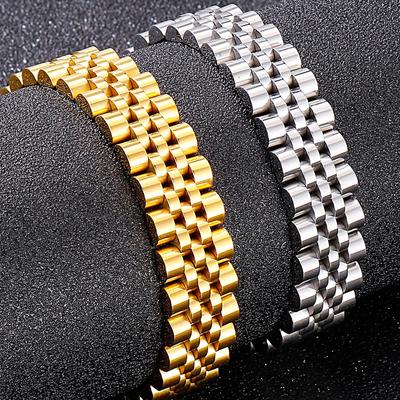 Pulsera de cadena de reloj de 15 mm de ancho y 7/8/9 pulgadas de largo para hombre, de acero inoxidable, color dorado, accesorios de joyería para niño.