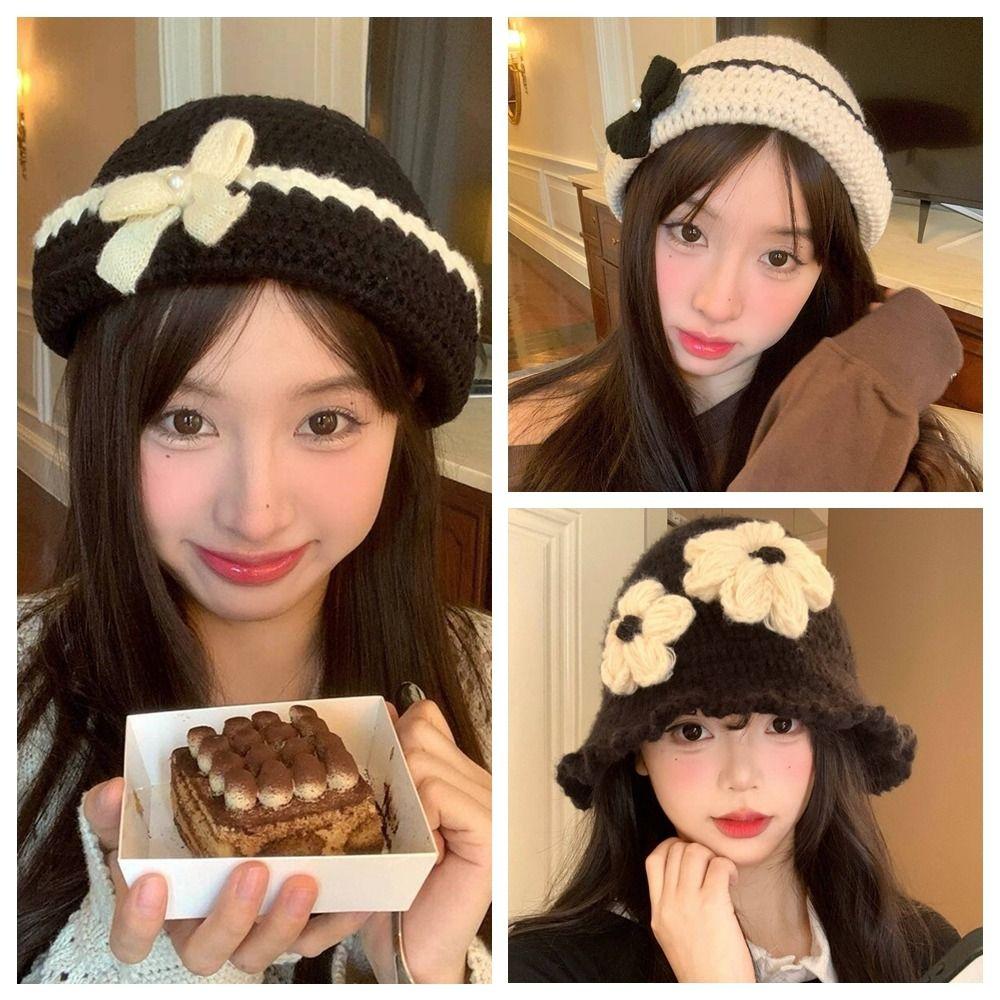Handmade Crochet Flower Knitted Hat Hollow Out Bowknot Beanies Hat Casual Flower Weave Cap  Outdoor