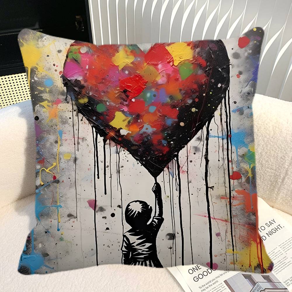 Street Graffiti Banksy Boy Girl With Balloon Pillow Case Square Pillow Bedroom Sofa Leisure Comfort Cushion Car Home Decoration