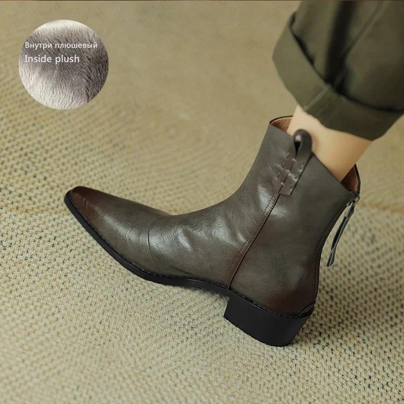 Fashion 2025 Autumn/winter Women Boots Genuine Leather Western Boots Women Shoes Pointed Toe Chunky Heel Chelsea Boots Retro Ankle Boots