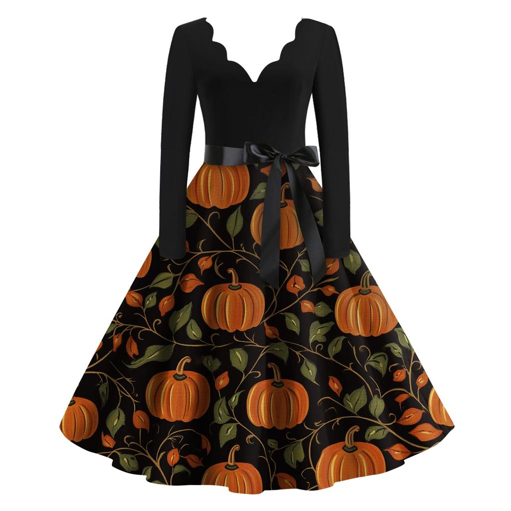 Kvinners uformelle mote Halloween trykt V-hals vintage kjole