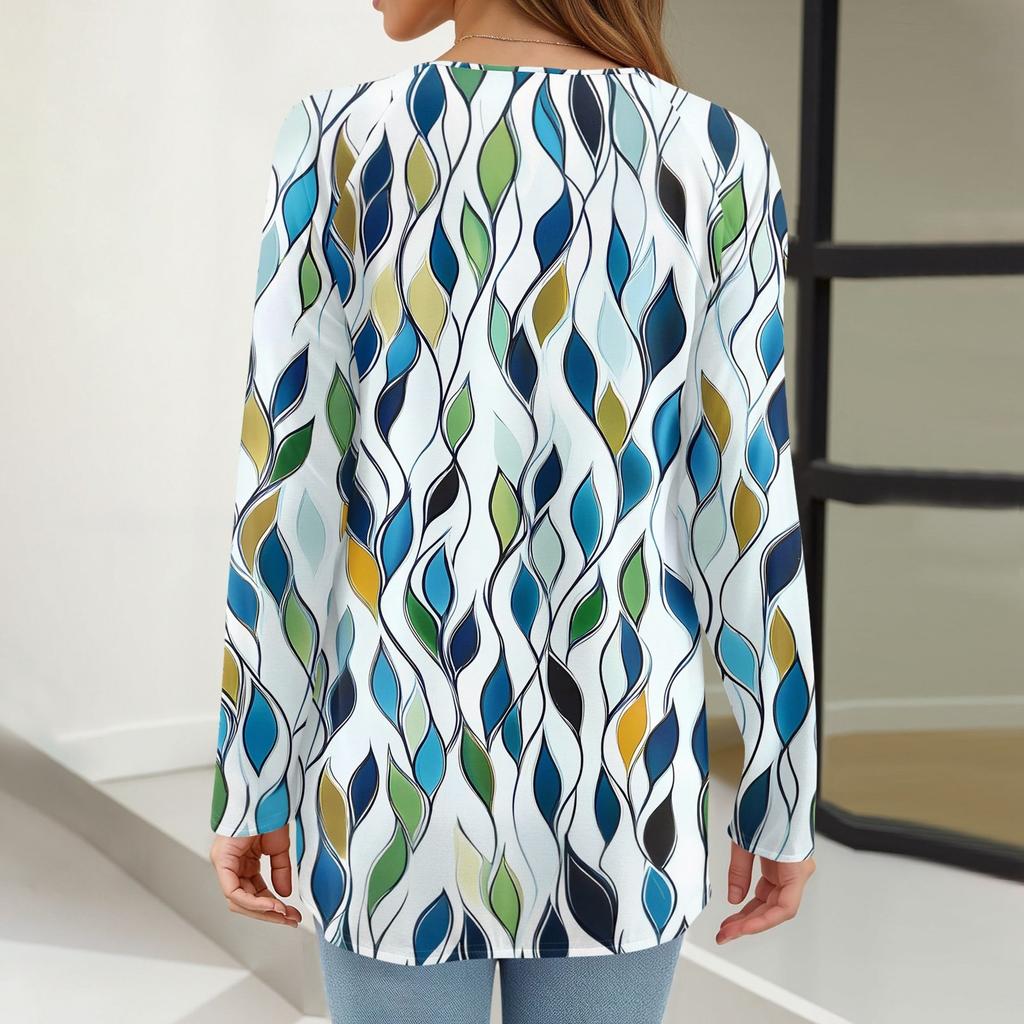 Women's Fashion Casual Long Sleeve Print Round Neck Pullover Top Blouse