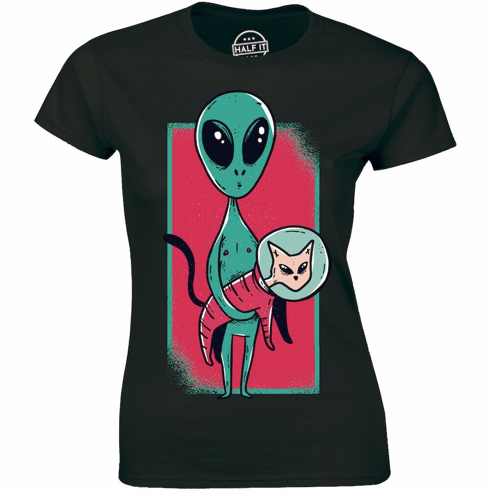Amazing Space Alien And Cute Astronaut Cat Graphic Women s T-shirt Gift Tee Unisex T-Shirt L