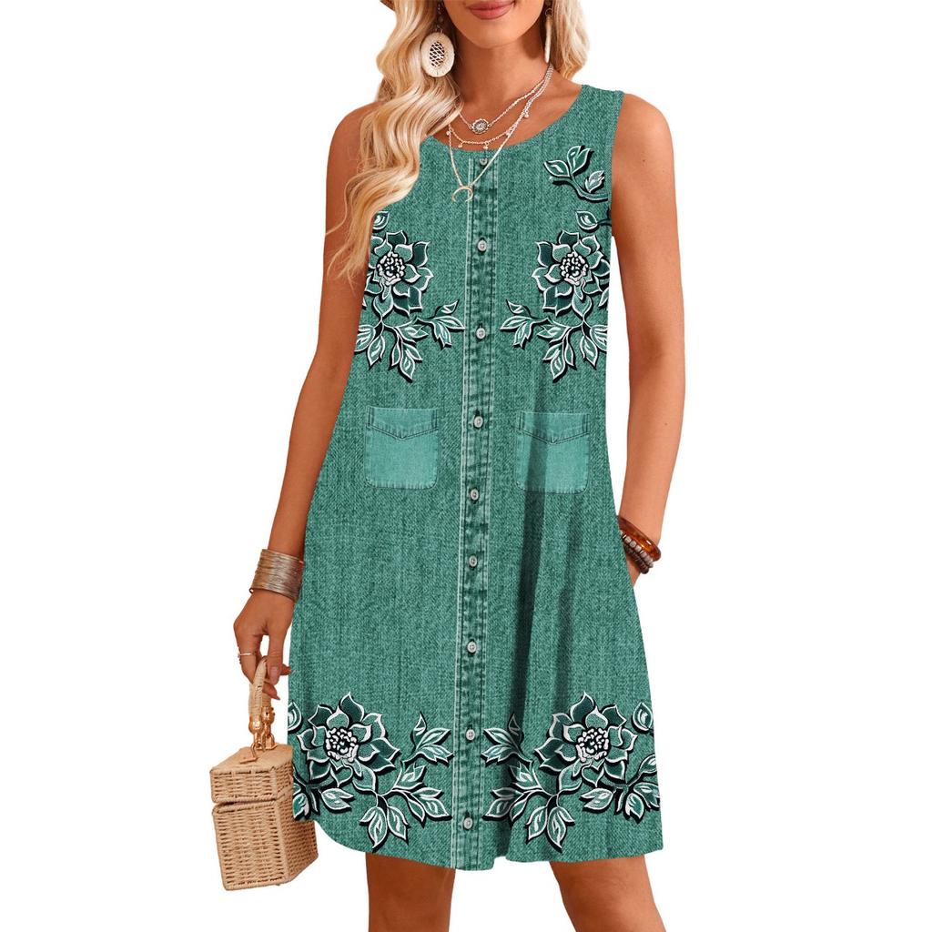 Dámská ležérní sukně s květinovým potiskem imitující denim - Vyrobená z lesklé tkaniny z hedvábného vlákna, letní outfit s kulatým výstřihem, přiléhavý střih, lehký materiál