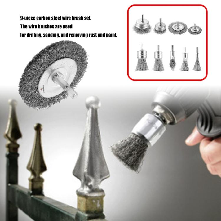 Versatilitys Drill Mounted Wire Brushes 9PCS Carbon Steel Construction For Efficient Rust Paint Debris Removal Tool