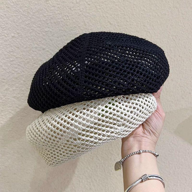 Black Polyester Geometric Beret Hat For Women Sun Protection Casual Style
