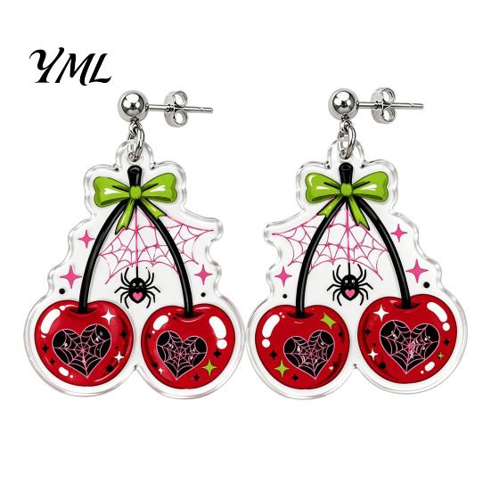 Charming Aesthetic Earrings 1 Pair Acrylic Cherry for Women, 2D Fruit Dangle Drop Unique Lightweight with Spider Web And Bow, Punk Jewelry Halloween