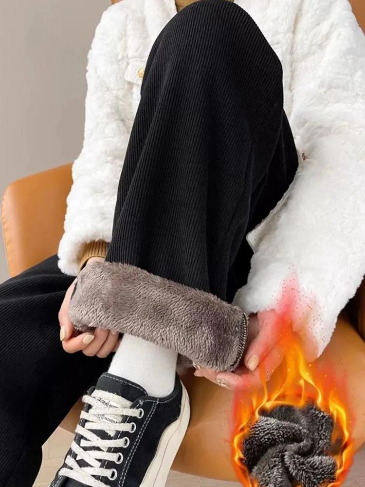 Pantaloni calduri din lână de miel îngroșați de iarnă pentru femei, ocazional, elastic, cu talie înaltă, pantaloni vintage cu picioare largi, design nou, pantaloni largi, chic, pentru exterior